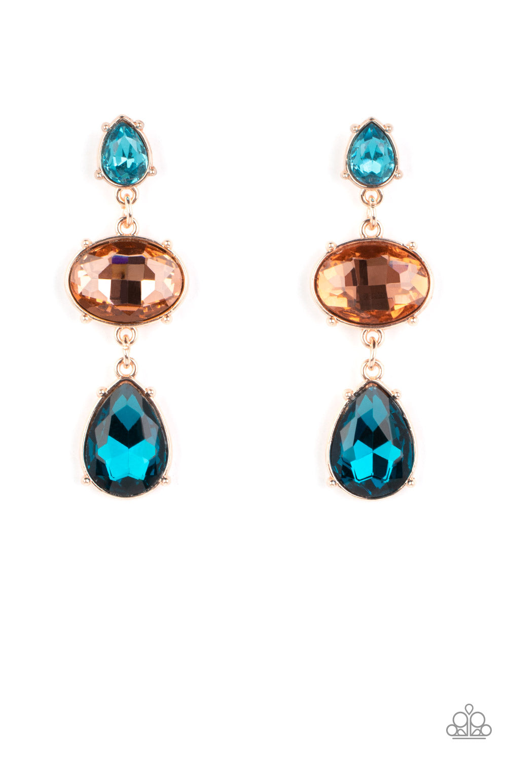 Paparazzi Accessories Royal Appeal - Multi A small, light blue, teardrop-shaped gem gives way to a peachy oval-shaped rhinestone tilted on its side. A large, deep blue teardrop swings from the oval above, adding dramatic movement to the colorful display.