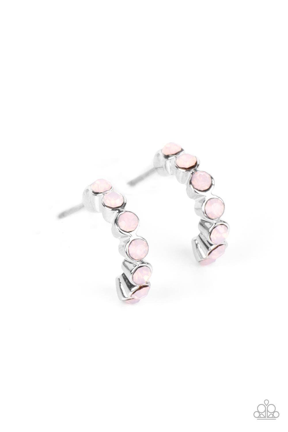 Paparazzi Accessories Carefree Couture - Pink Tiny, rose water, opalescent beads are encased in silver fittings, falling in line as they curve into a dainty hoop. The silver frames create a scalloped pattern along the sides of the hoop, while the opalesce