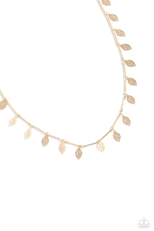 Paparazzi Accessories LEAF a Light On - Gold Skinny gold bars link together along the collar to create a dainty display of metallic sheen. A shiny gold leaf separates each bar, bringing shimmery movement to the lightweight design. Features an adjustable c