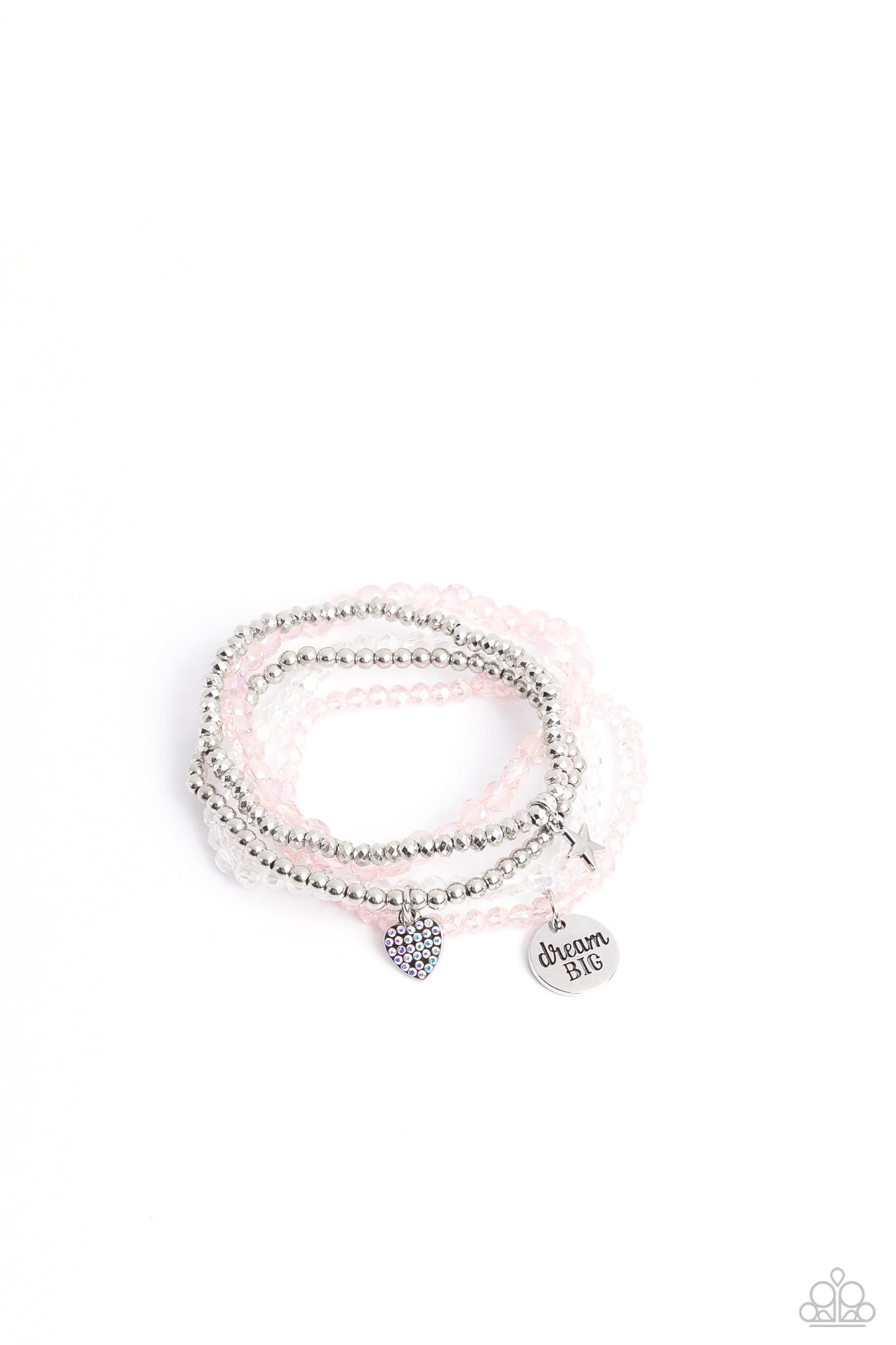 Paparazzi Accessories Teenage DREAMER - Pink Reflective pink, defaced silver, reflective white, and smooth silver beads wrap around stretchy bands, and combine into a colorful stack along the wrist. The reflective, pink-beaded bracelet features a silver p