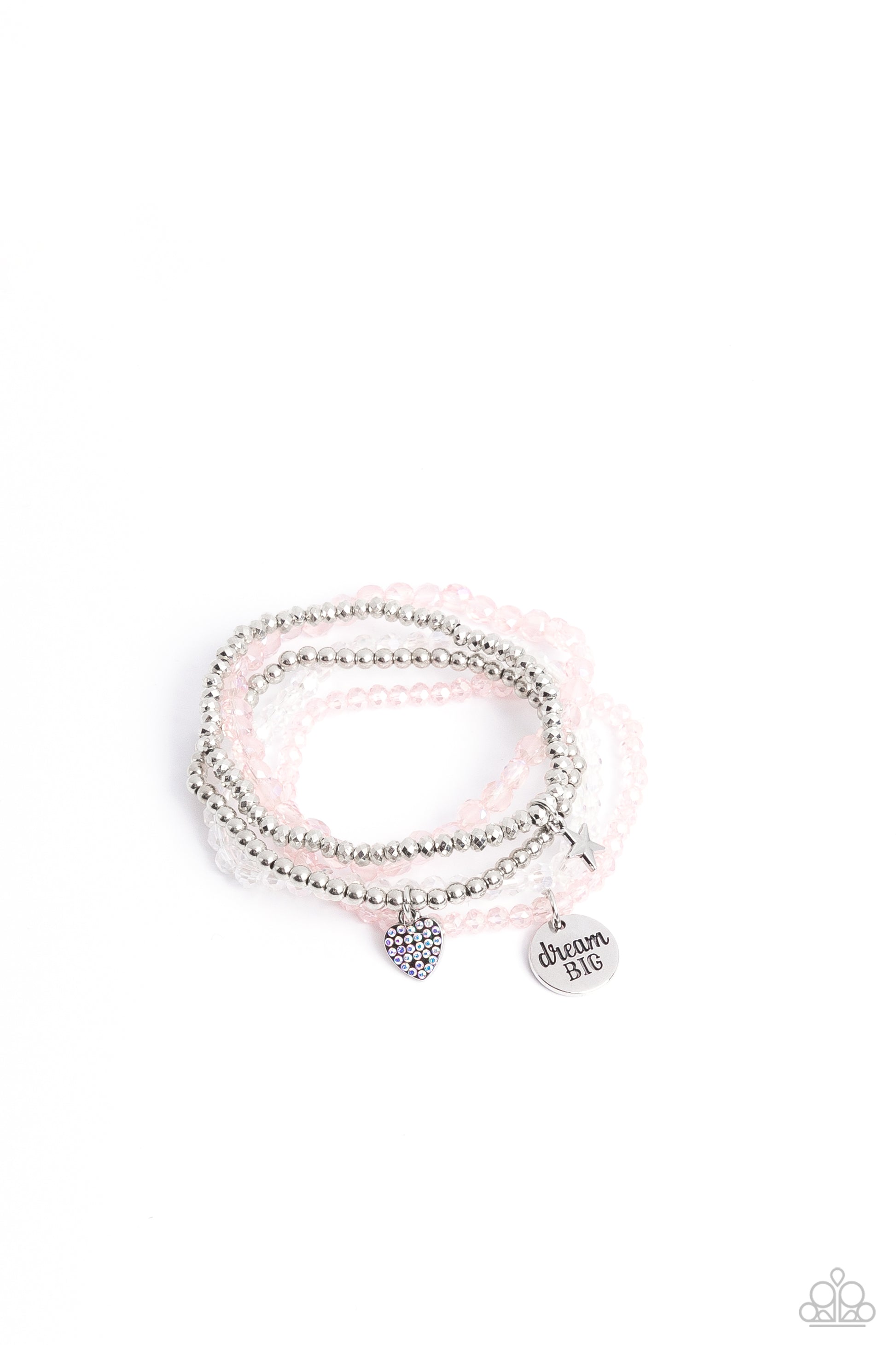 Paparazzi Accessories Teenage DREAMER - Pink Reflective pink, defaced silver, reflective white, and smooth silver beads wrap around stretchy bands, and combine into a colorful stack along the wrist. The reflective, pink-beaded bracelet features a silver p