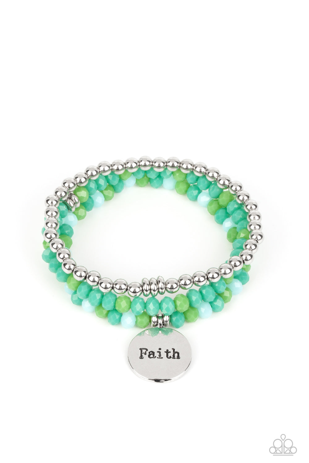 Paparazzi Accessories Fashionable Faith - Green Embellished with silver and defaced beads in varying shades of green, three bracelets are threaded along elastic stretchy bands, for a fashionable stack across the wrist. Falling from one of the varying gree