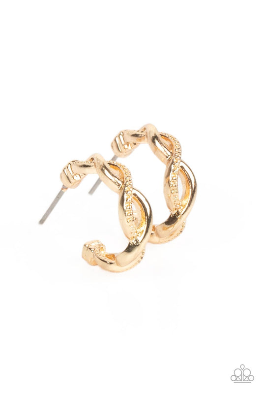 Paparazzi Accessories Infinite Incandescence - Gold Shiny gold and studded gold curve around one another in an infinity-like pattern. The contrasting sheen of the gold curves around the ear for an incandescent hoop. Earring attaches to a standard post fit