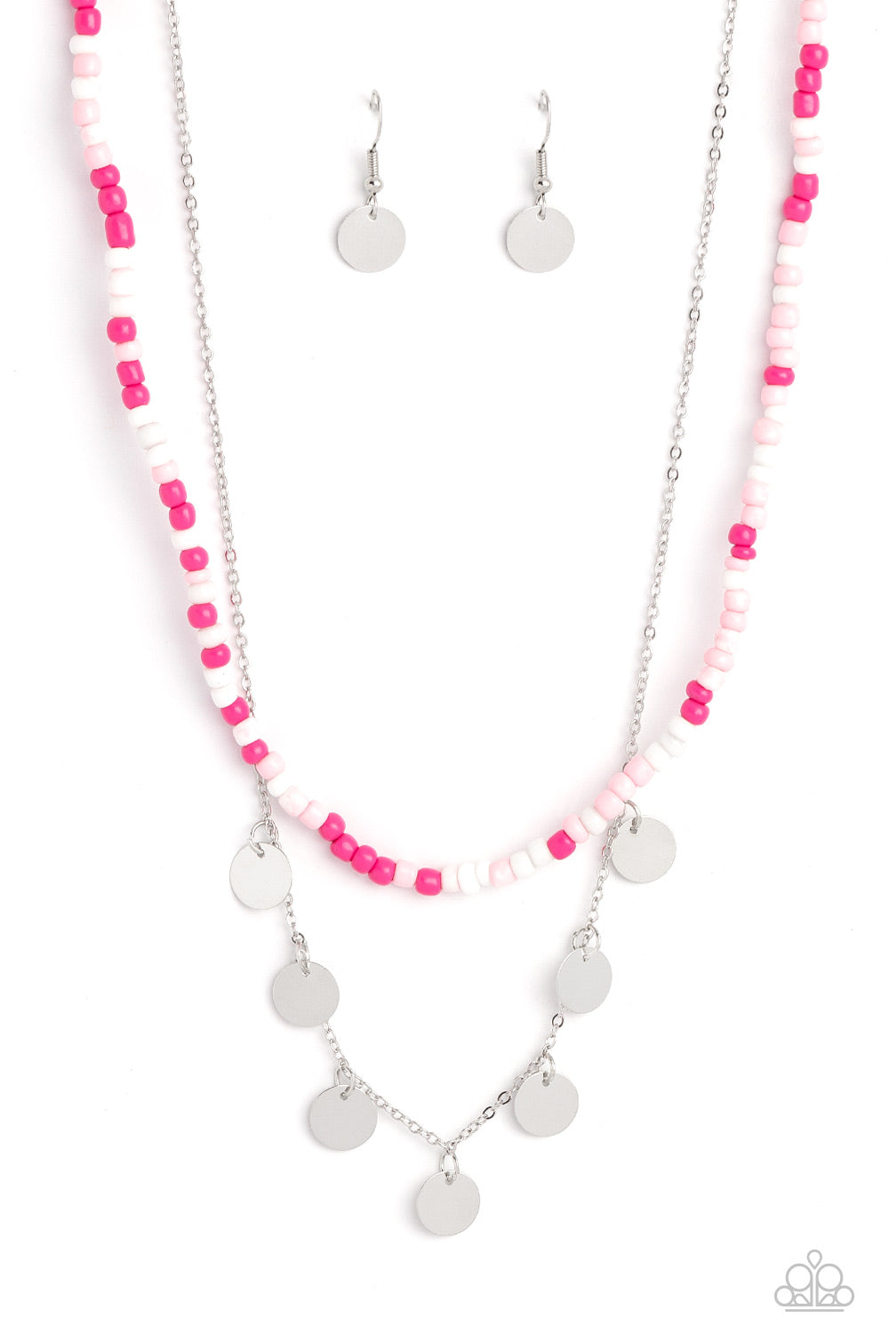 Paparazzi Accessories Comet Candy - Pink Pink Peacock, baby pink, and white seed beads are threaded along a wire, falling along the collar in a capricious pattern. A delicate silver chain, infused with twinkling silver discs, layers together with the colo