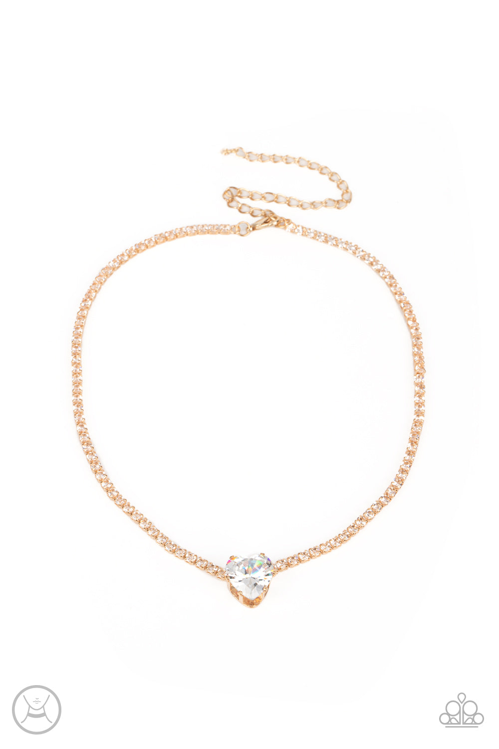 Paparazzi Accessories Flirty Fiancé - Gold An oversized white heart-shaped gem, set in an airy, pronged gold fitting, glitters at the center of a blinding row of dainty, glassy white rhinestones set in square gold fittings, resulting in a flirtatious spar