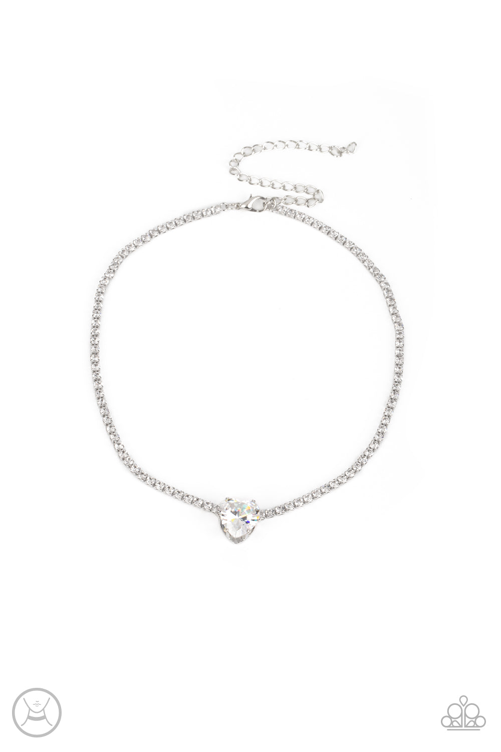 Paparazzi Accessories Flirty Fiancé - White An oversized white heart-shaped gem, set in an airy, pronged silver fitting, glitters at the center of a blinding row of dainty, glassy white rhinestones set in square silver fittings, resulting in a flirtatious