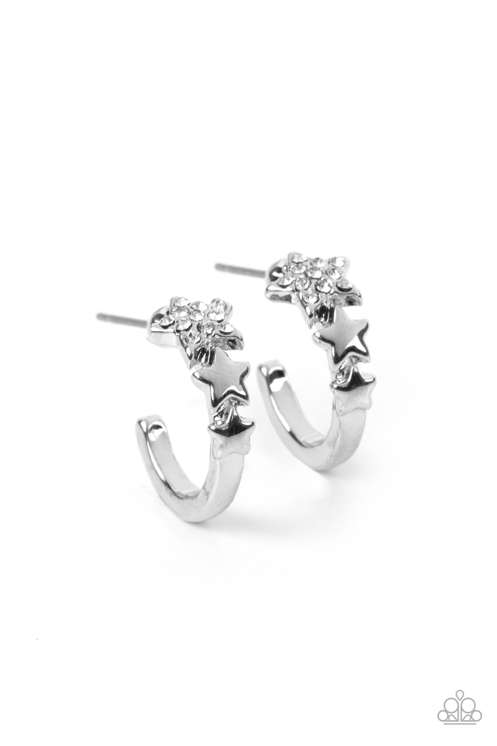 Paparazzi Accessories Starfish Showpiece - White A shiny silver bar curls around the ear into a dainty hoop. Three silver stars gradually increase in size as they climb the curve of the hoop, with the biggest star emblazoned with white crystal-like rhines