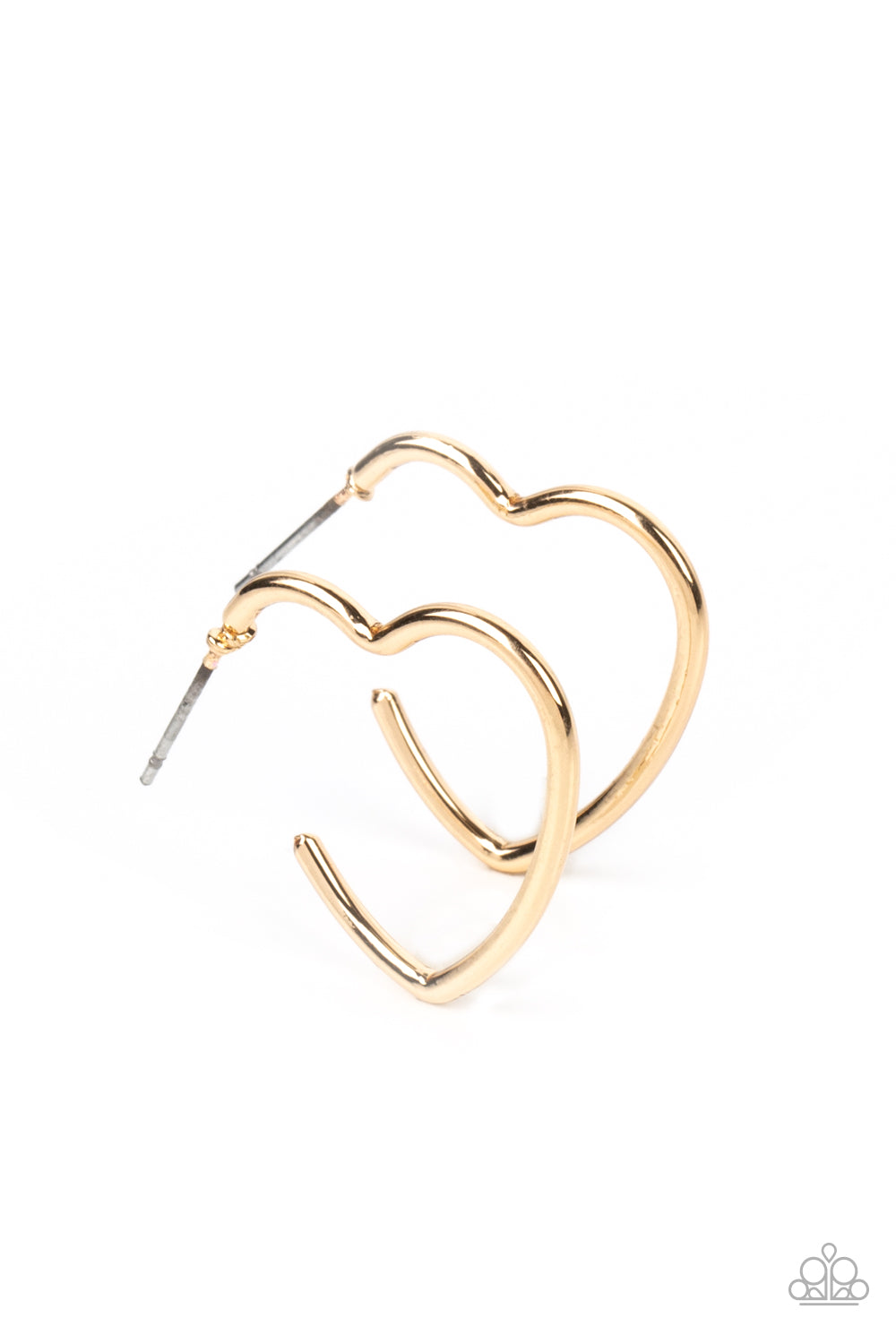 Paparazzi Accessories Burnished Beau - Gold A deceptively simple hoop of gold curves around the ear into a heart-shaped frame. Its curls are complemented by its high sheen finish, leaving a lasting impression. Earring attaches to a standard post fitting.