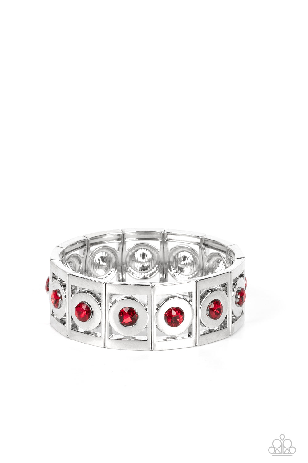 Paparazzi Accessories Stretch of Drama - Red Vibrant red rhinestones are encased in thick, circular silver borders and nestled inside rectangular frames with the same metallic sheen. The frames are threaded along stretchy elastic bands, wrapping around th