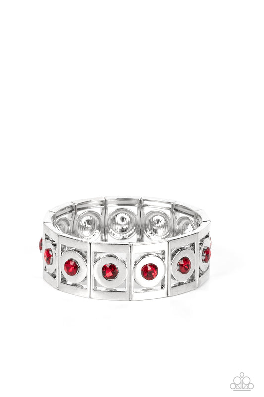Paparazzi Accessories Stretch of Drama - Red Vibrant red rhinestones are encased in thick, circular silver borders and nestled inside rectangular frames with the same metallic sheen. The frames are threaded along stretchy elastic bands, wrapping around th