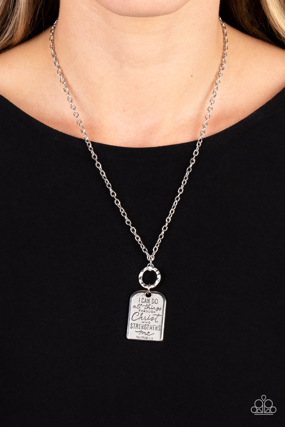 Paparazzi Accessories Persevering Philippians - Silver Dangling from a simple silver chain, a hammered silver hoop boosts a rounded rectangular plate. Lightly hammered in gritty detail, the silver pendant is stamped with the popular phrase "I can do all t