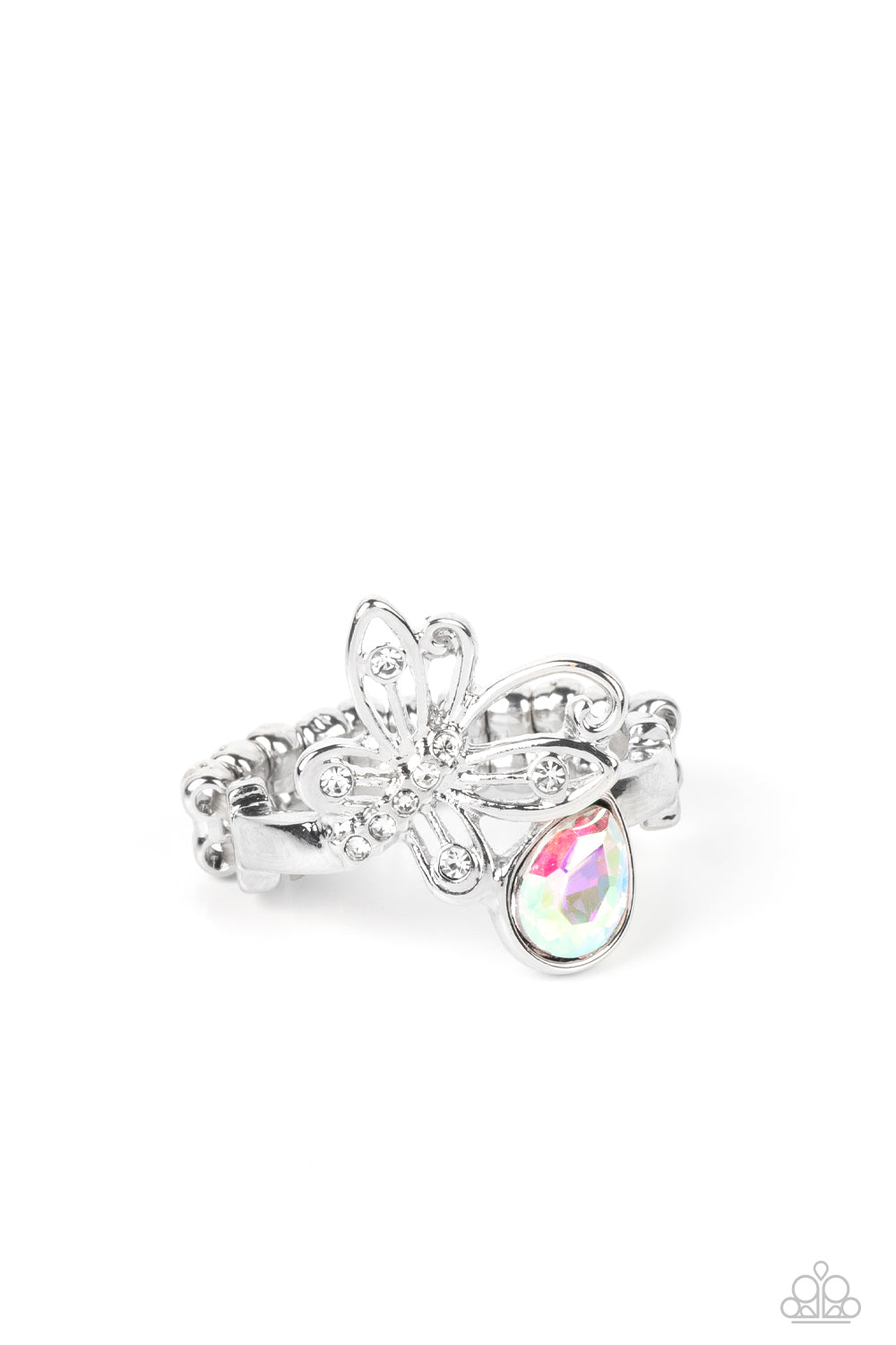 Paparazzi Accessories Flawless Flutter - Multi An airy silver butterfly, dotted in dainty white rhinestones, appears to be in mid-flight as it's tilted to its side and begins to climb up the finger. An iridescent teardrop sits next to the butterfly, provi