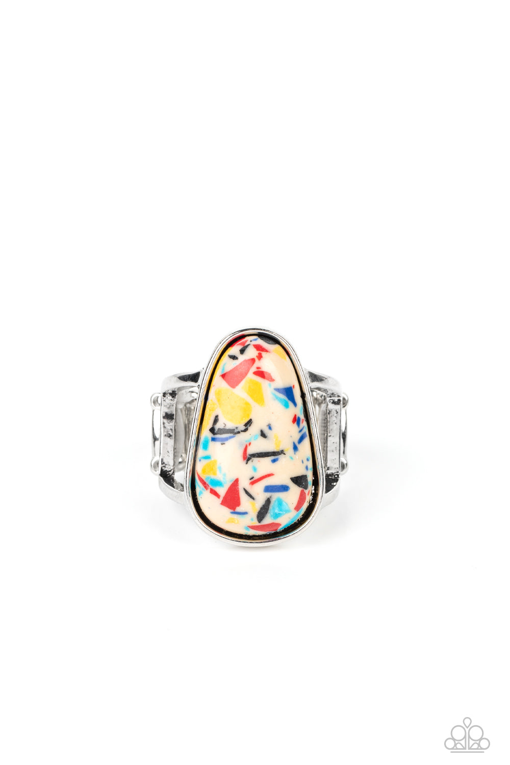 Paparazzi Accessories Bodacious Babe - Yellow Wrapped in a silver, abstract, teardrop frame, a pale yellow stone, featuring multicolored speckles gleams atop the finger. Anchoring the funky stone, airy silver frames create space for the finger to peek out