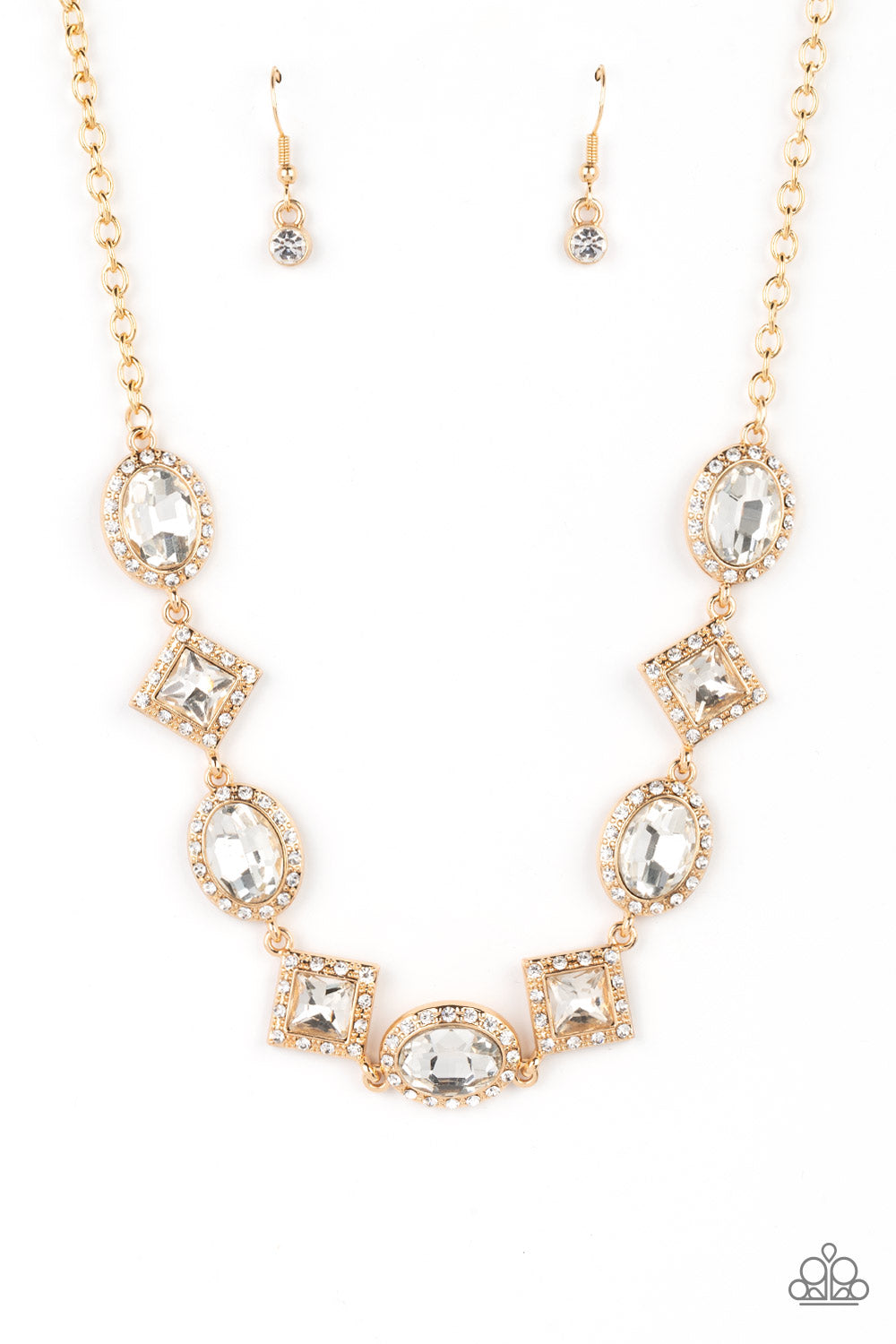 Paparazzi Accessories Diamond of the Season - Gold Dazzling white rhinestones, in both oval and square cuts, fall along the collar in an alternating pattern. Each gem is set against a backdrop of gold and bordered by tiny white rhinestones, amplifying the