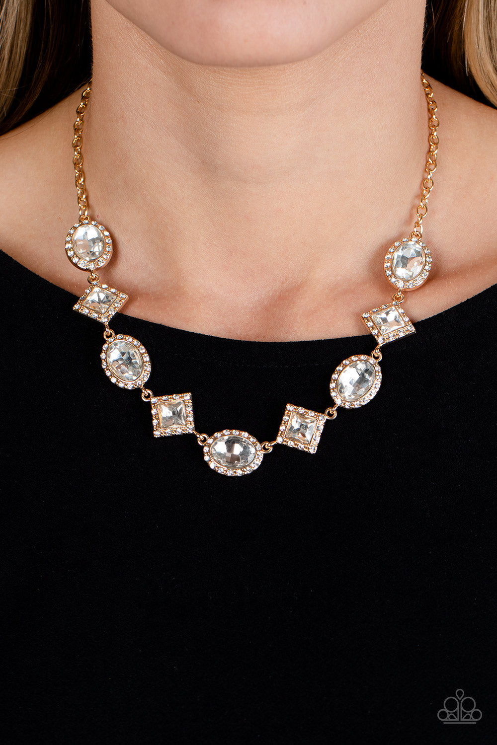 Paparazzi Accessories Diamond of the Season - Gold Dazzling white rhinestones, in both oval and square cuts, fall along the collar in an alternating pattern. Each gem is set against a backdrop of gold and bordered by tiny white rhinestones, amplifying the