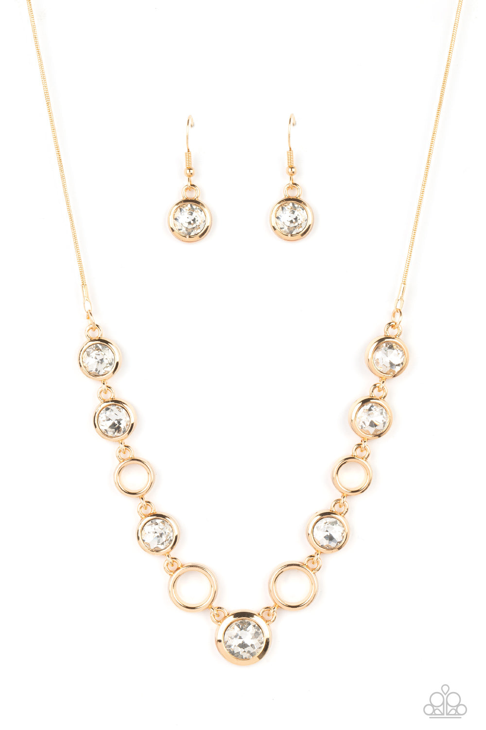 Paparazzi Accessories Elegantly Elite - Gold Thick airy gold hoops interlock with round brilliant-cut white rhinestones set in similar thick frames for an unmatched elegant sparkle. Features an adjustable clasp closure. Sold as one individual necklace. In