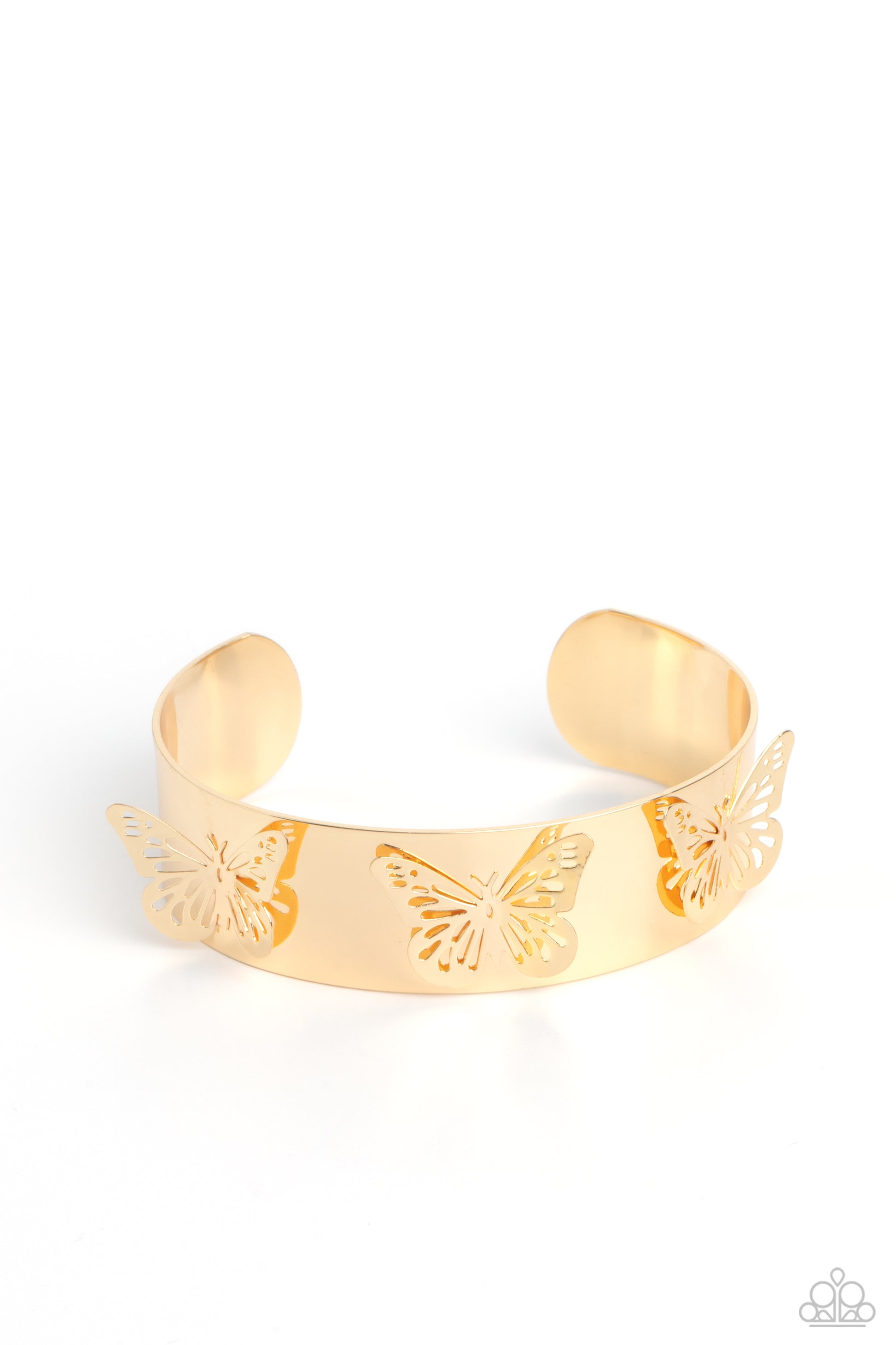 Paparazzi Accessories Magical Mariposas - Gold Three shimmery gold butterflies flutter atop the wrist on a thick gold cuff for a whimsical finish. Sold as one individual bracelet. Jewelry