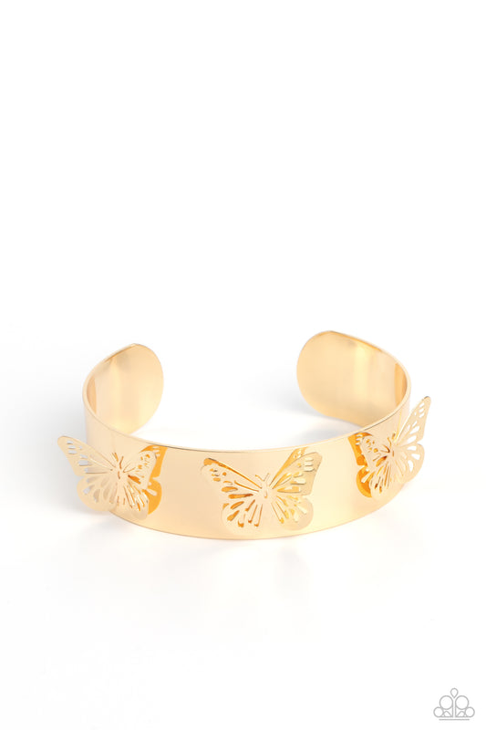 Paparazzi Accessories Magical Mariposas - Gold Three shimmery gold butterflies flutter atop the wrist on a thick gold cuff for a whimsical finish. Sold as one individual bracelet. Jewelry