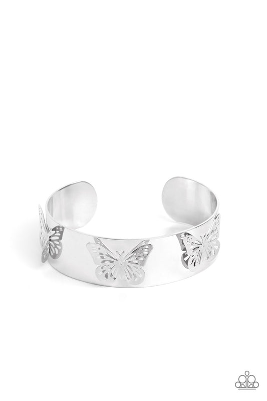 Paparazzi Accessories Magical Mariposas - Silver Three shimmery silver butterflies flutter atop the wrist on a thick silver cuff for a whimsical finish. Sold as one individual bracelet. Jewelry