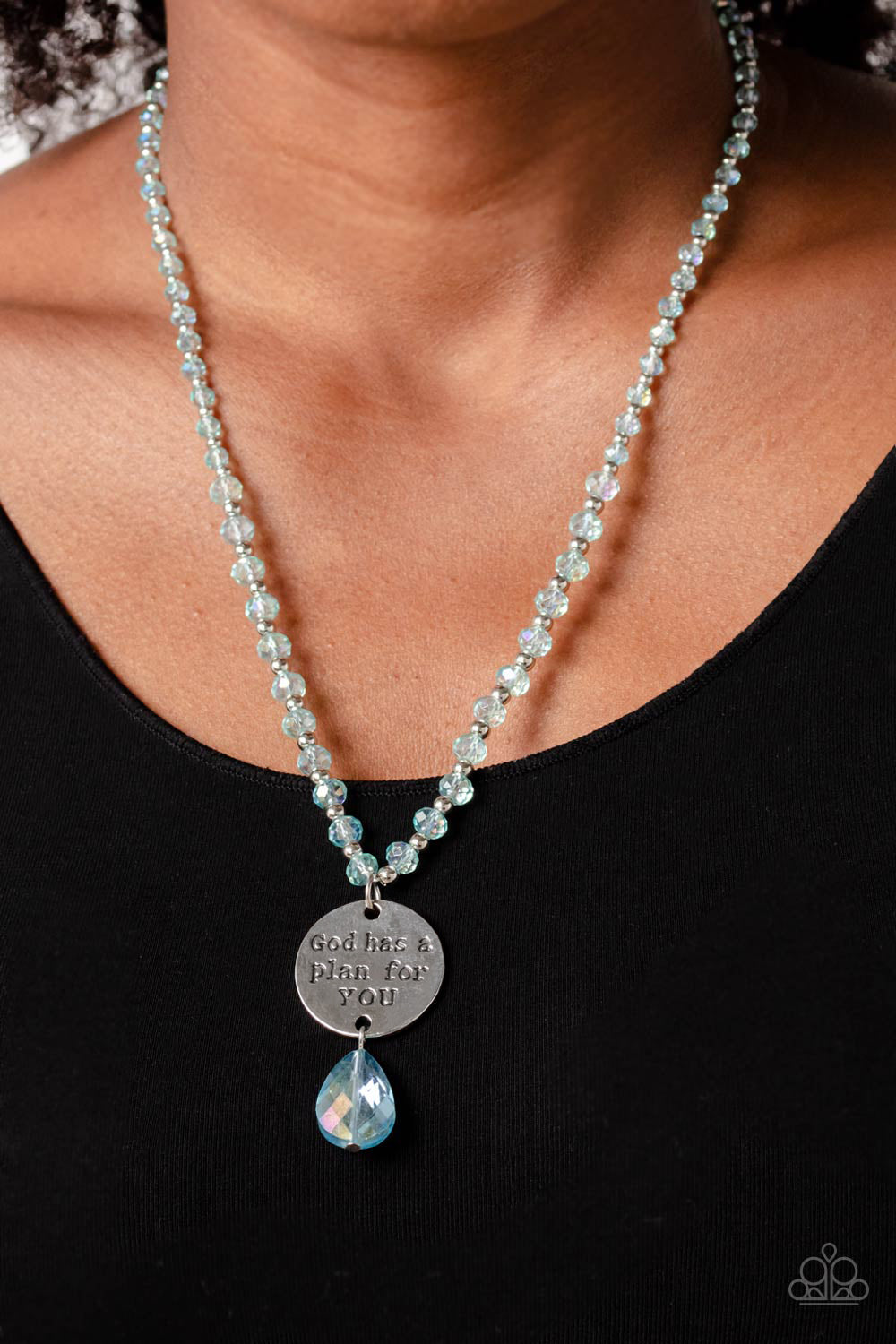 Paparazzi Accessories Priceless Plan - Blue Infused along an invisible wire, silver studs and reflective light blue, faceted beads glide down the chest in a shimmery style. Hanging from the bottom of the beads and studs, a hammered silver disc is stamped