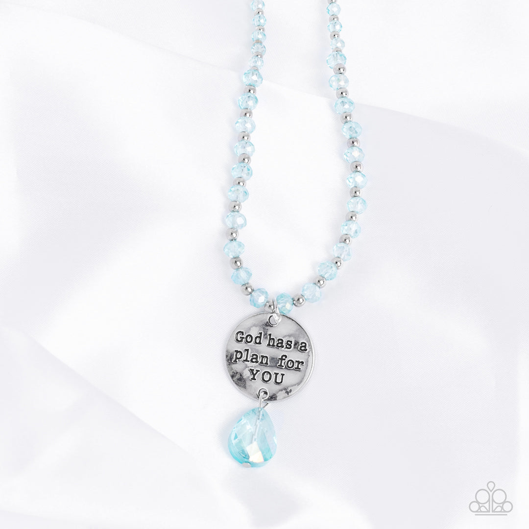 Paparazzi Accessories Priceless Plan - Blue Infused along an invisible wire, silver studs and reflective light blue, faceted beads glide down the chest in a shimmery style. Hanging from the bottom of the beads and studs, a hammered silver disc is stamped