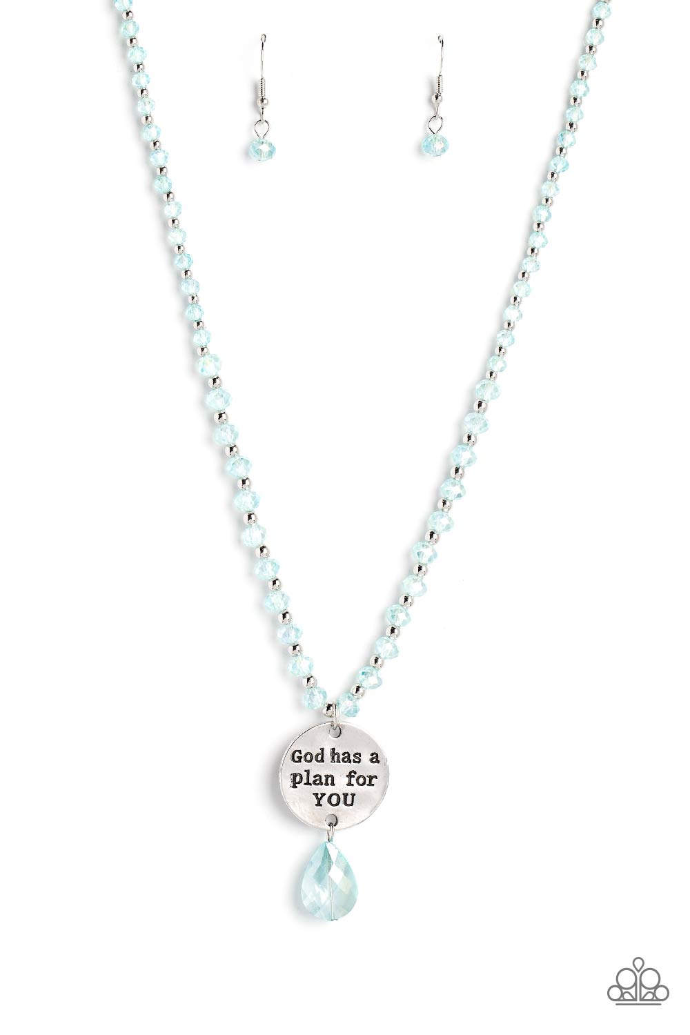 Paparazzi Accessories Priceless Plan - Blue Infused along an invisible wire, silver studs and reflective light blue, faceted beads glide down the chest in a shimmery style. Hanging from the bottom of the beads and studs, a hammered silver disc is stamped