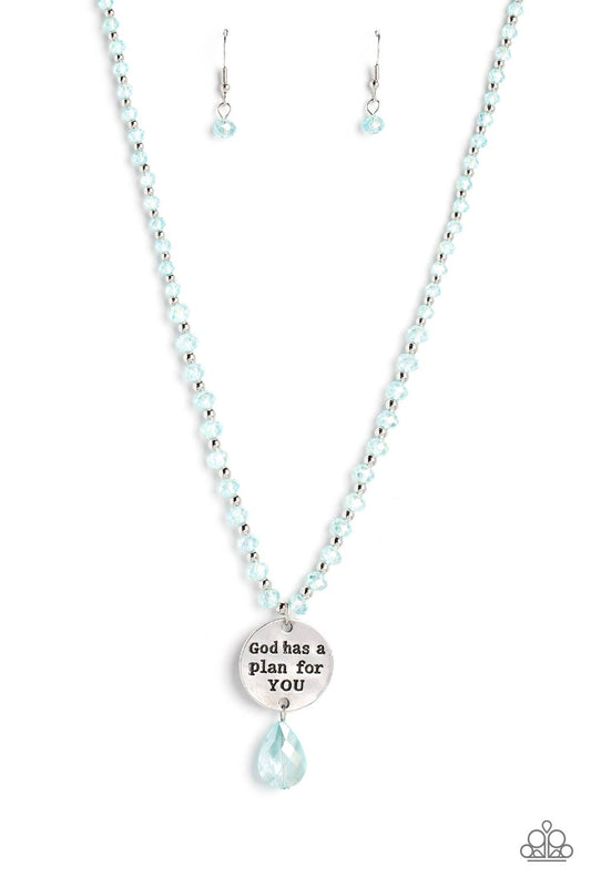 Paparazzi Accessories Priceless Plan - Blue Infused along an invisible wire, silver studs and reflective light blue, faceted beads glide down the chest in a shimmery style. Hanging from the bottom of the beads and studs, a hammered silver disc is stamped