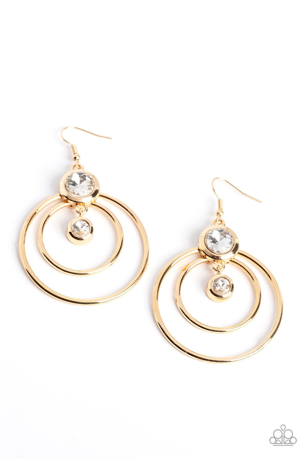 Paparazzi Accessories Dapperly Deluxe - Gold Two airy gold hoops anchor an oversized white rhinestone set in a thick gold frame for some playful movement. Dangling below the oversized white rhinestone, a dainty rhinestone set in the same frame and shimmer