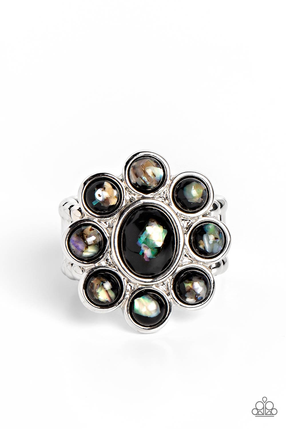 Paparazzi Accessories Time to SHELL-ebrate - Black Pressed into a high-sheen silver frame, flecks of iridescent shell shimmer against a background of black, creating an ethereal flower centerpiece atop the finger. Features a stretchy band for a flexible f