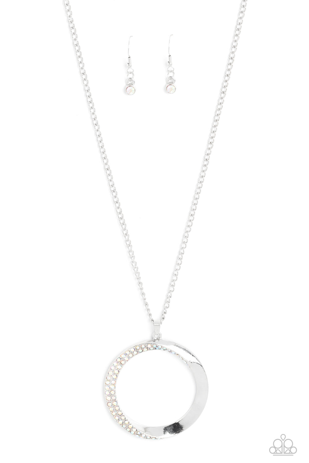 Paparazzi Accessories Encrusted Elegance - Multi An airy, oversized, warped, shiny silver hoop dangles down the chest from a classic silver chain. Two rows of dainty iridescent rhinestones encrust along the inner curve of the hoop for an understated, eleg