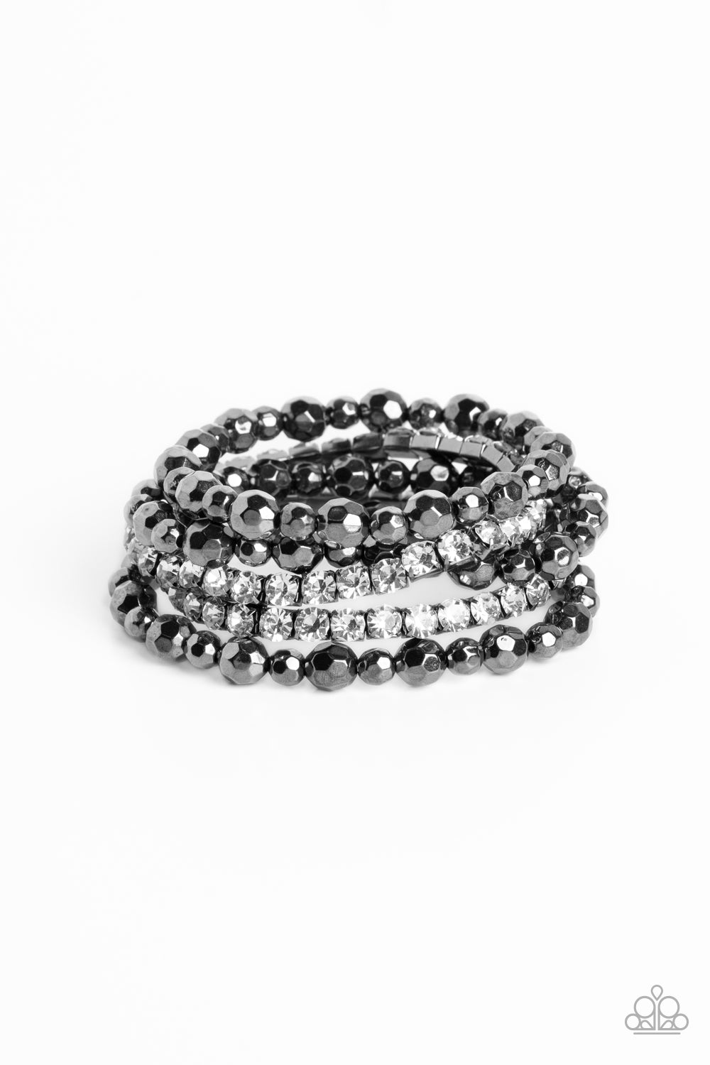 Paparazzi Accessories Top Notch Twinkle - Black Threaded along elastic stretchy bands, varying sizes of faceted gunmetal beads, combine with white gems pressed into gunmetal square fittings for a glamorous, high-sheen stack around the wrist. Sold as one s