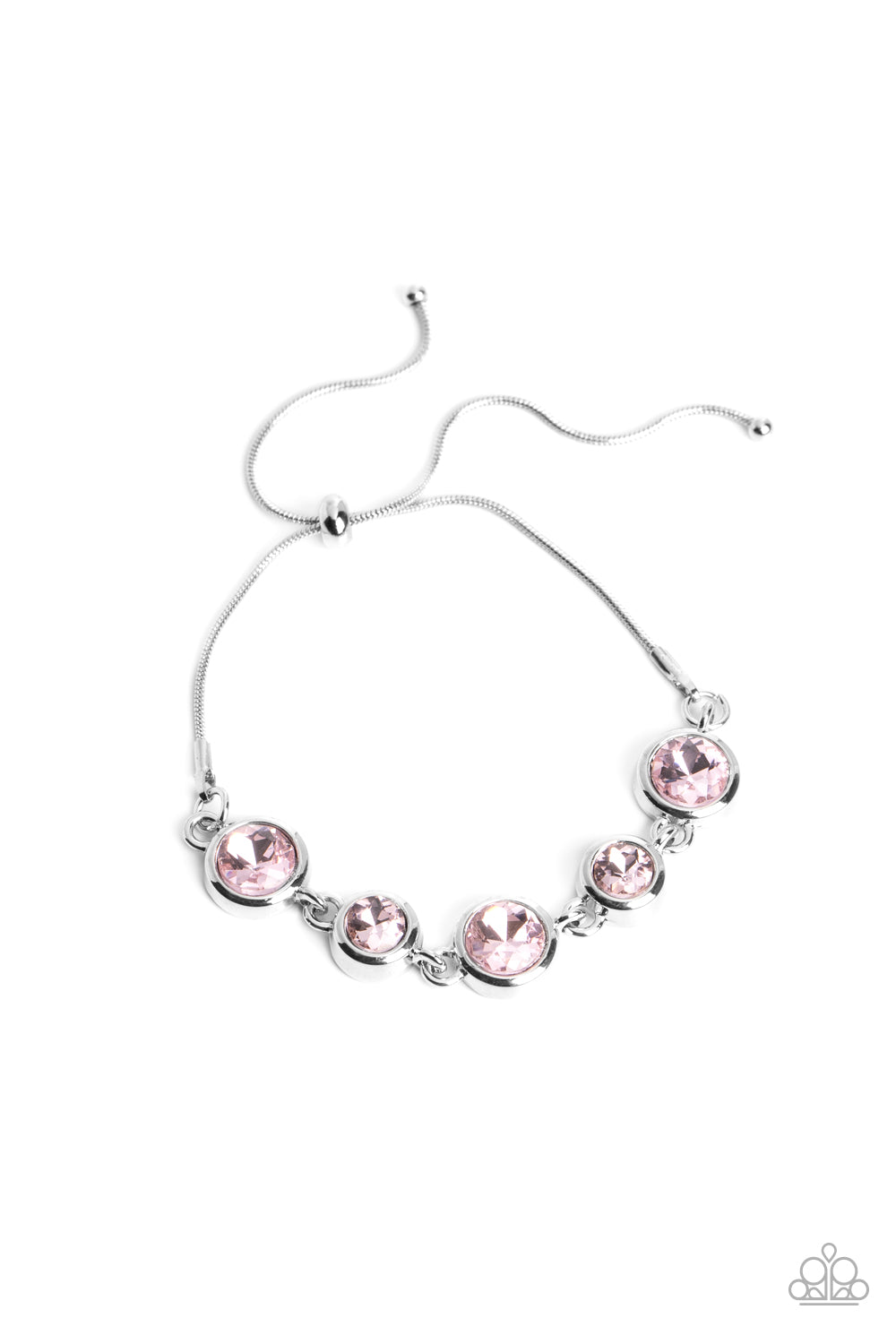 Paparazzi Accessories Classically Cultivated - Pink Varying sizes of classic, round, brilliant-cut pink rhinestones set in thick, circular, silver frames link together around the wrist with glamorous glimmer. The rhinestones attach to a dainty strand of s