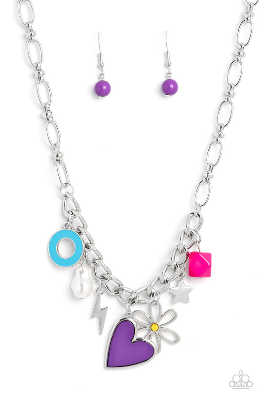 Paparazzi Accessories Living in CHARM-ony - Purple Elongated silver chain links, separated by tiny silver beads, lead down the neckline to a section of thick, flat, silver curb chain. A collection of whimsical charms gather along the thicker chain, includ