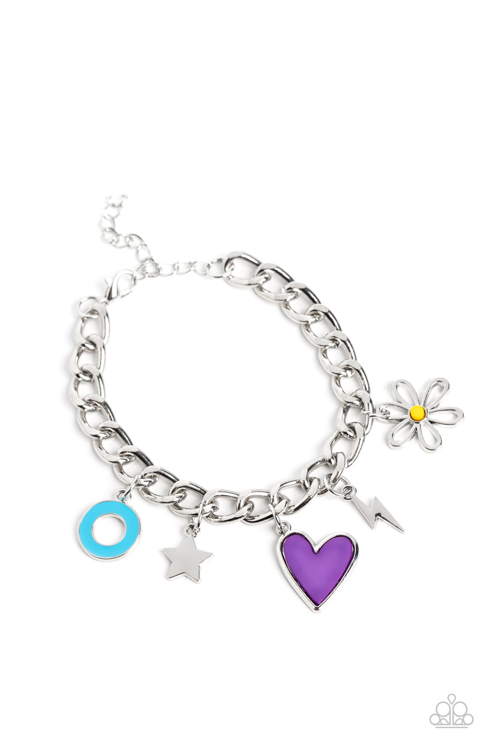 Paparazzi Accessories Turn Up the Charm - Purple A strand of thick silver curb chain is decorated in playful charms, including a purple heart, a silver lightning bolt and star, a blue ring, and a flower silhouette topped with a yellow bead at its center.