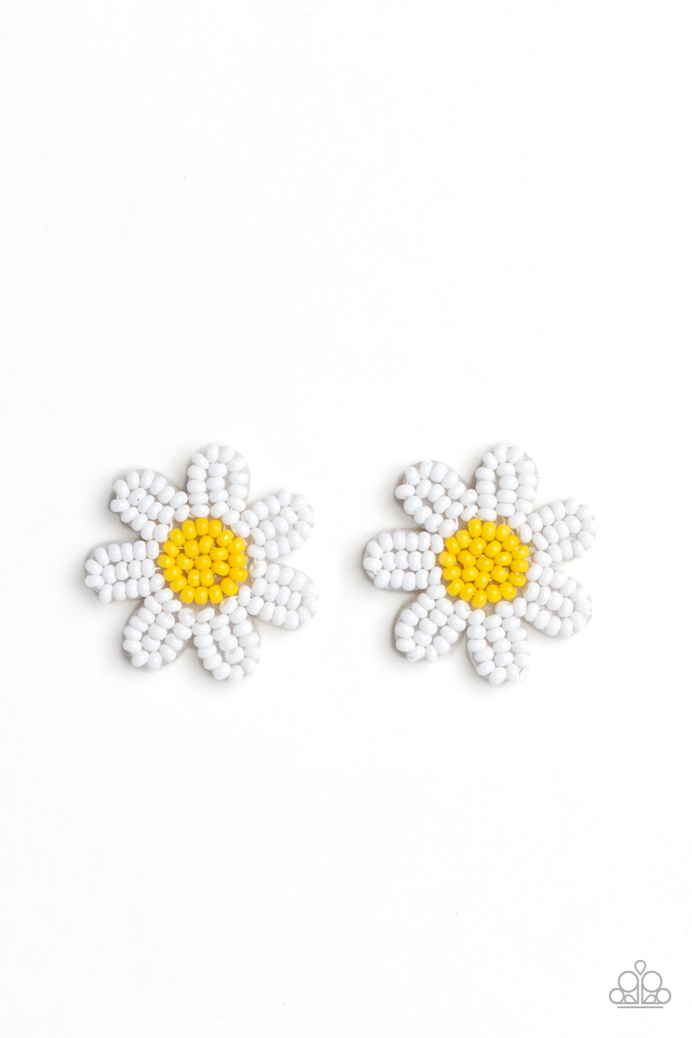 Paparazzi Accessories Sensational Seeds - White Layers of white seed bead petals fan out from a yellow seed bead center, blooming into a textured floral centerpiece. Earring attaches to a standard post fitting. Sold as one pair of post earrings. Jewelry