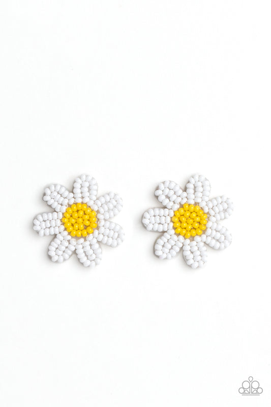 Paparazzi Accessories Sensational Seeds - White Layers of white seed bead petals fan out from a yellow seed bead center, blooming into a textured floral centerpiece. Earring attaches to a standard post fitting. Sold as one pair of post earrings. Jewelry