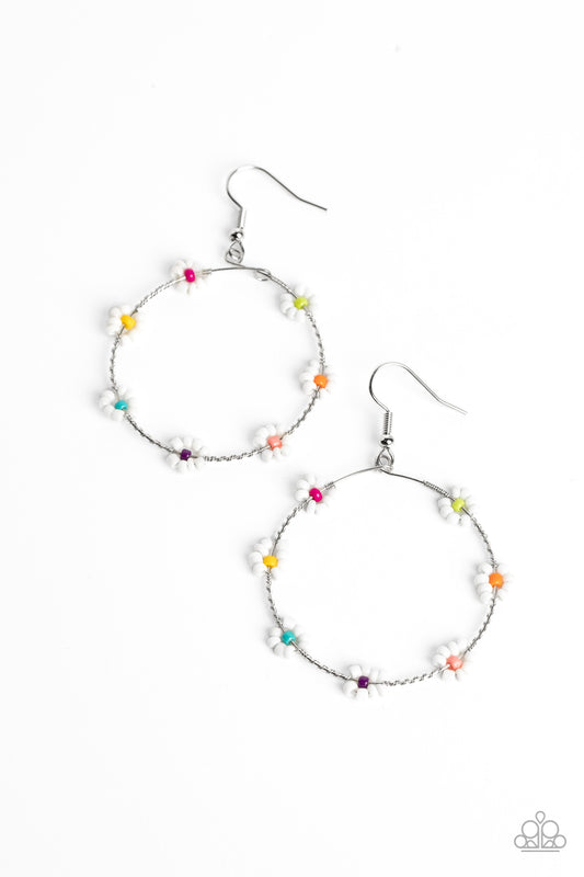 Paparazzi Accessories Dainty Daisies - Multi Dotted with yellow, blue, purple, light pink, orange, green, and hot pink seed beaded centers, a dainty collection of white seed beaded floral frames are threaded along a dainty, serrated wire hoop for a fabulo