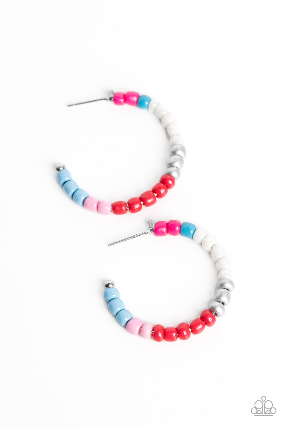 Paparazzi Accessories Multicolored Mambo - Pink Multi A colorful strand of hot pink, blue, white, silver, red, light pink, and baby blue seed beads follow the curve of a silver hoop, creating a colorfully charismatic look. Earring attaches to a standard p