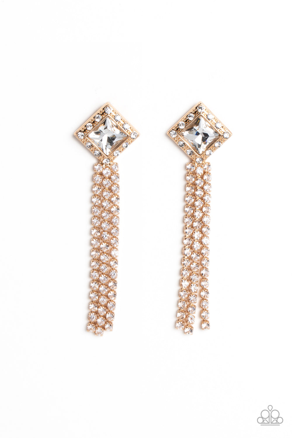 Paparazzi Accessories Seasonal Sparkle - Gold A brilliant, square-cut white rhinestone is bordered by tiny sparkling accents and tilted on a point against a gold backdrop, creating a dramatic anchoring point from which streams of glittery, square-cut rhin