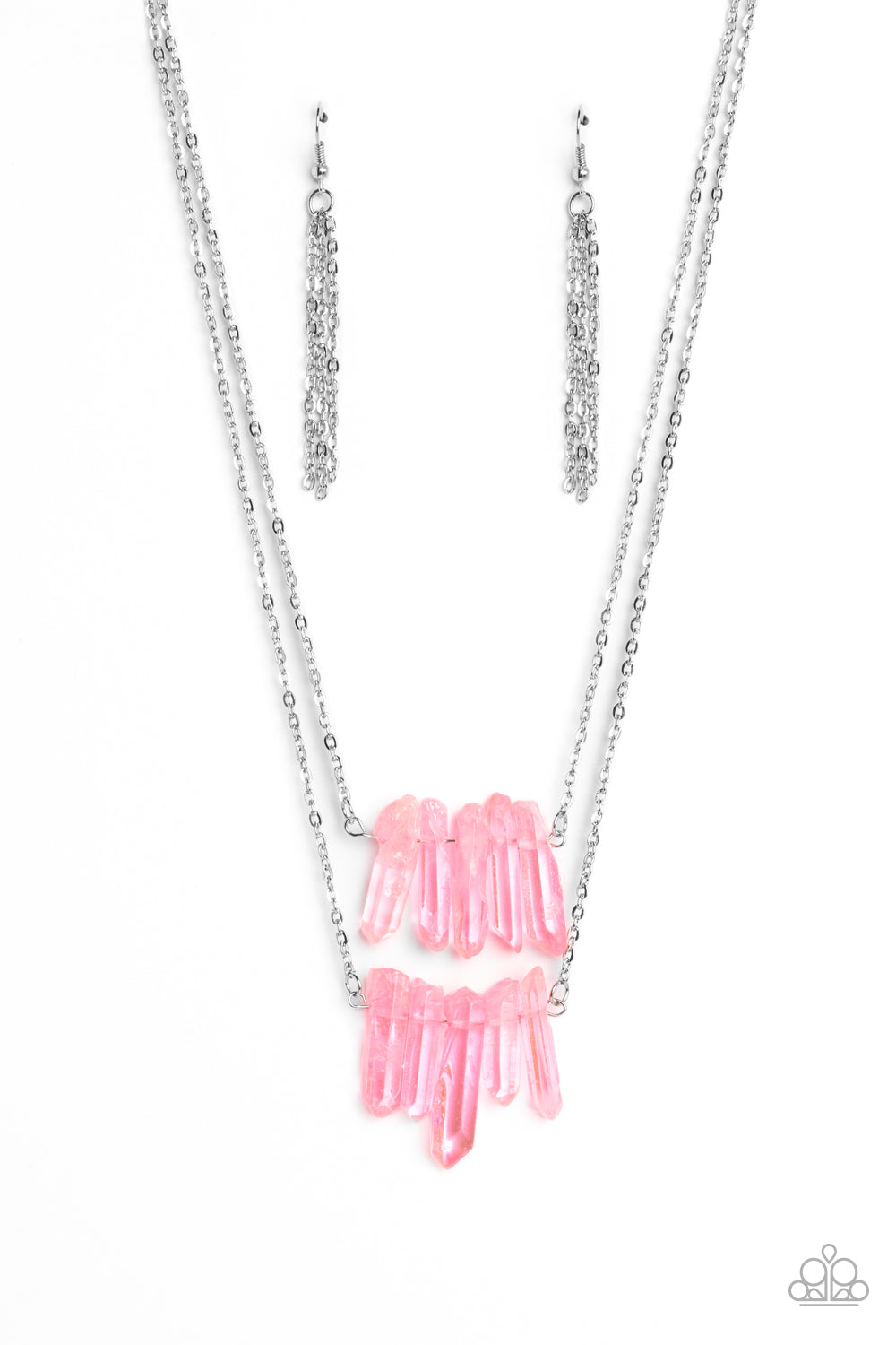 Paparazzi Accessories Crystal Catwalk - Pink Chiseled into a colorful collection, two layers of transparent pink crystal-like stones swings from the bottom of two dainty silver chains for a handcrafted, artisanal look. Features an adjustable clasp closure