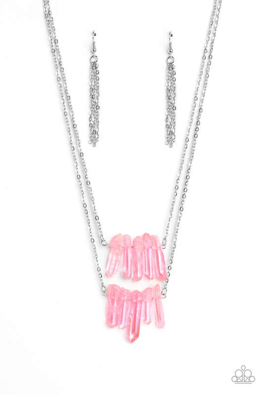 Paparazzi Accessories Crystal Catwalk - Pink Chiseled into a colorful collection, two layers of transparent pink crystal-like stones swings from the bottom of two dainty silver chains for a handcrafted, artisanal look. Features an adjustable clasp closure