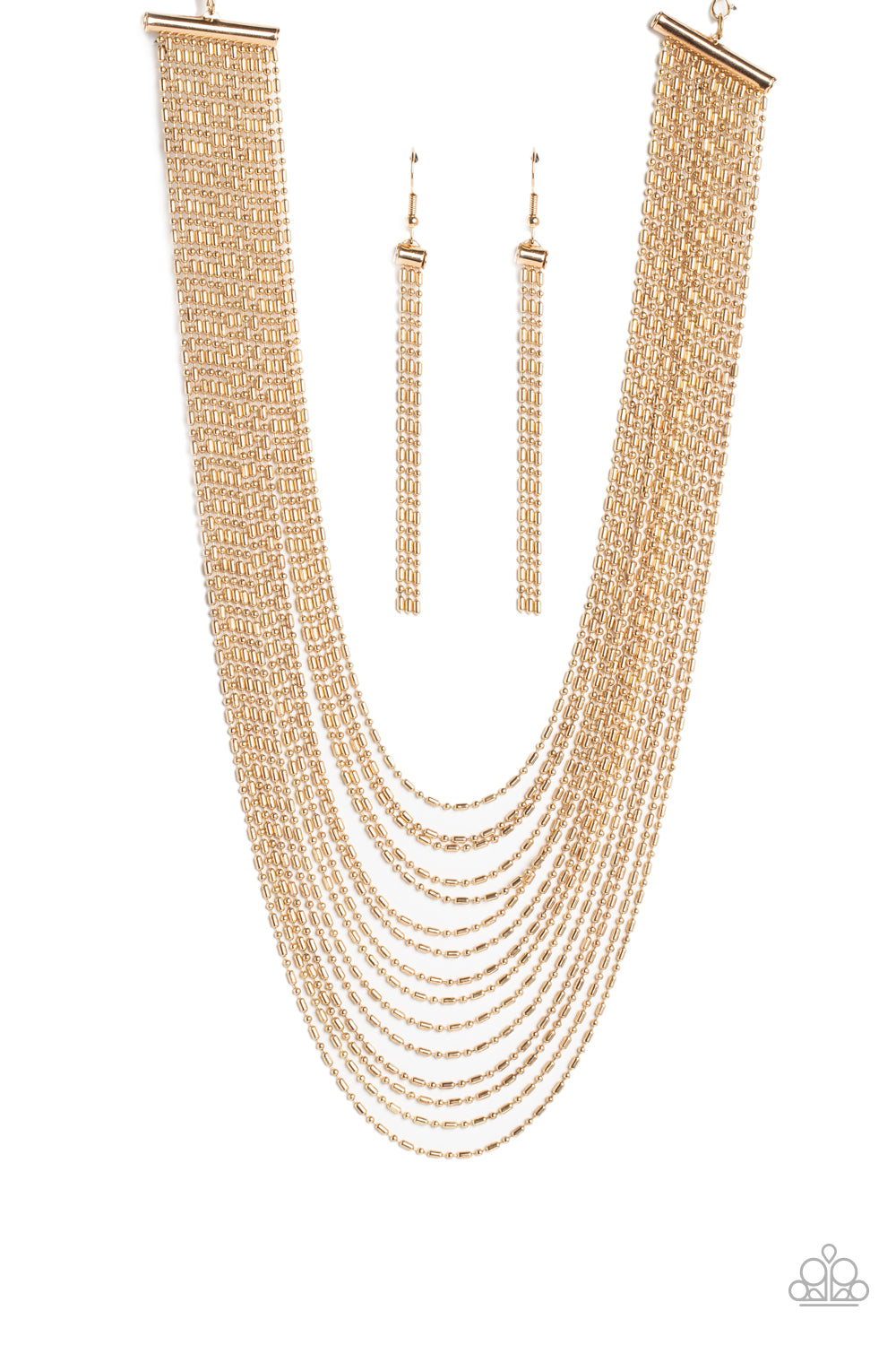 Paparazzi Accessories Cascading Chains - Gold Suspended from two gold, horizontal bars, a shimmery cascade of high-sheen gold ball-and-bar chains layer around the neck for an industrial statement. Features an adjustable clasp closure. Sold as one individu