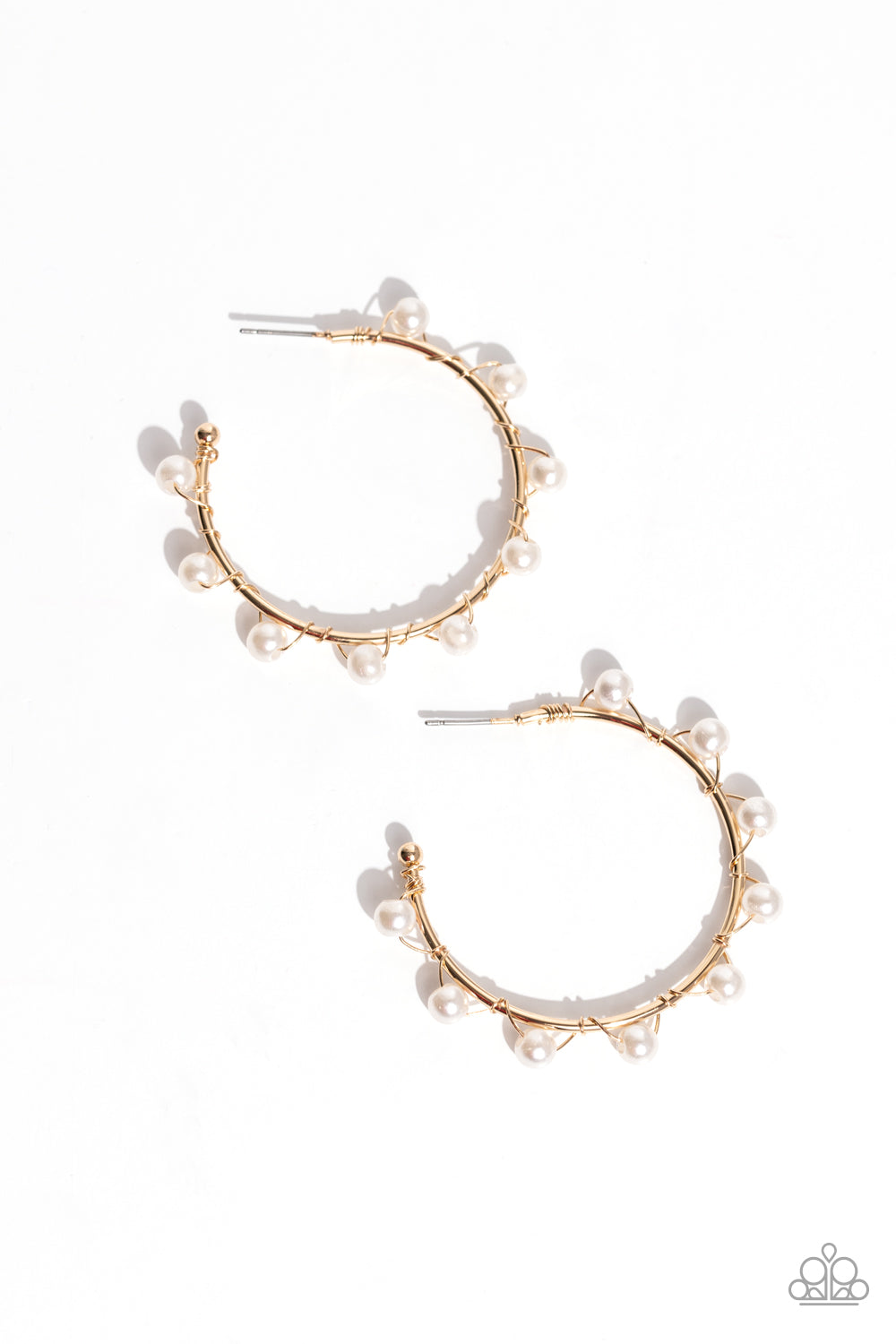 Paparazzi Accessories Night at the Gala - Gold A classy collection of dainty white pearls are wrapped along the outside curve of a shiny, gold hoop by shimmery gold wire for a handcrafted, posh finish. Earring attaches to a standard post fitting. Hoop mea
