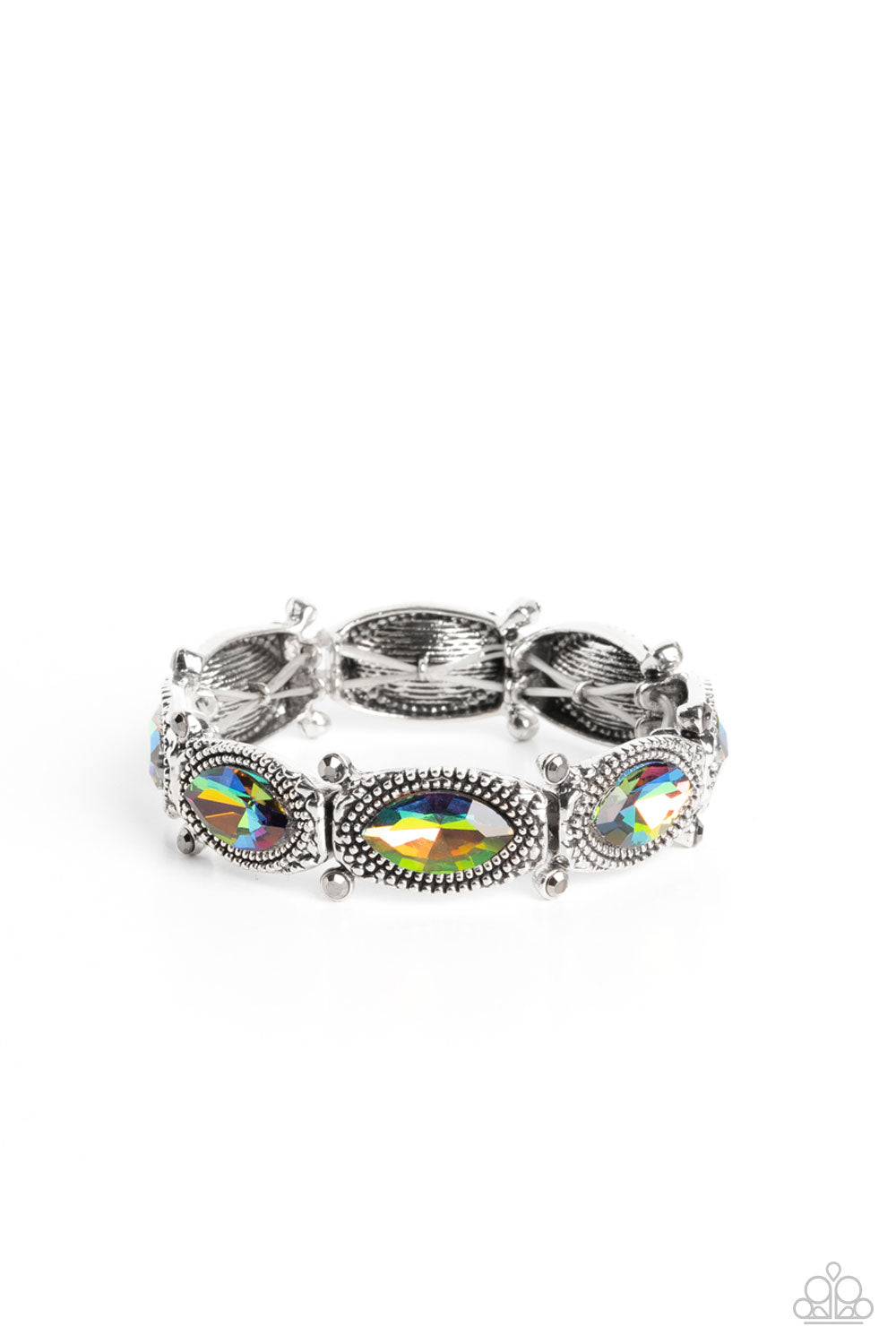 Paparazzi Accessories Dancing Diva - Multi Glittery oil spill gems are pressed into silver studded, marquise-cut frames, titled on its side. Separated by dainty hematite rhinestones encased in sleek silver frames, the sparkly collection is threaded along