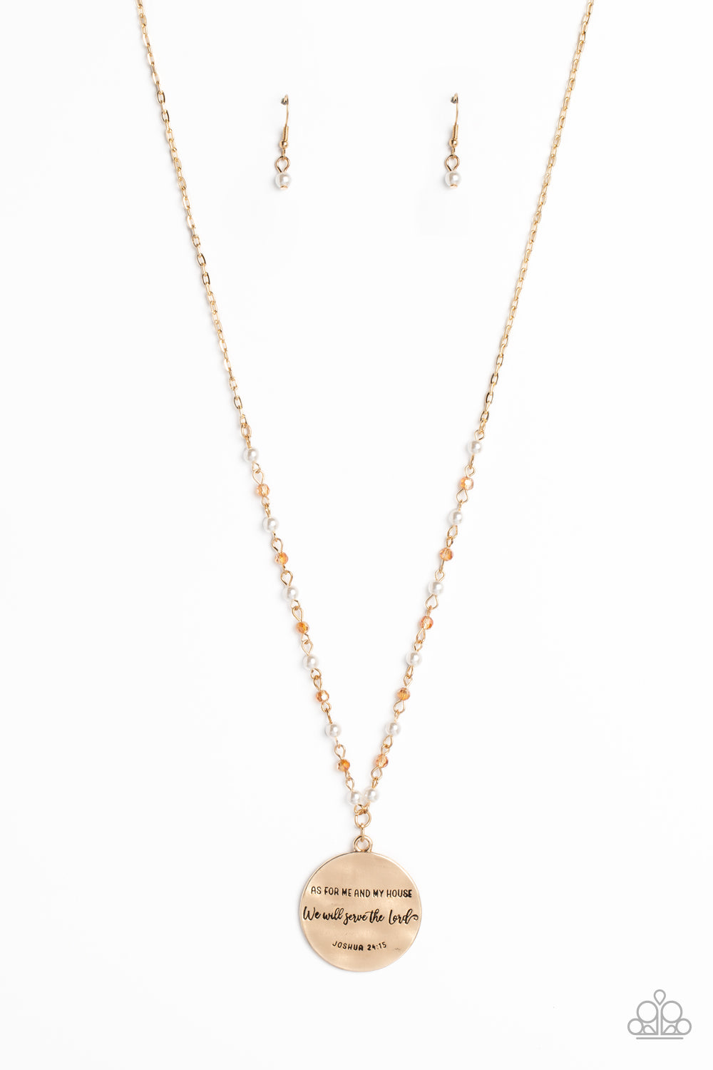 Paparazzi Accessories Serving the Lord - Gold Infused with glassy beads brushed in a gold undertone, and bubbly white pearls, an extended, dainty gold chain shimmers and shines down the chest. Hanging from the bottom of the light-reflecting chain, an over