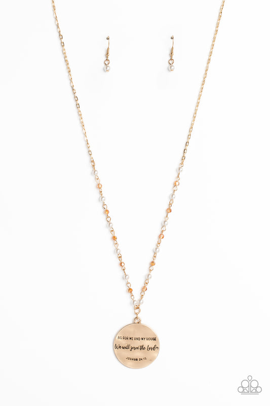 Paparazzi Accessories Serving the Lord - Gold Infused with glassy beads brushed in a gold undertone, and bubbly white pearls, an extended, dainty gold chain shimmers and shines down the chest. Hanging from the bottom of the light-reflecting chain, an over
