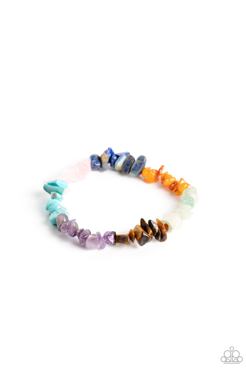 Paparazzi Accessories Pebbled Plains - Multi An earthy collection of turquoise, lapis, jade, amethyst, Tiger's eye, orange, gray, and pink pebbles are threaded along a stretchy band around the wrist for a Southwestern finish. Sold as one individual bracel