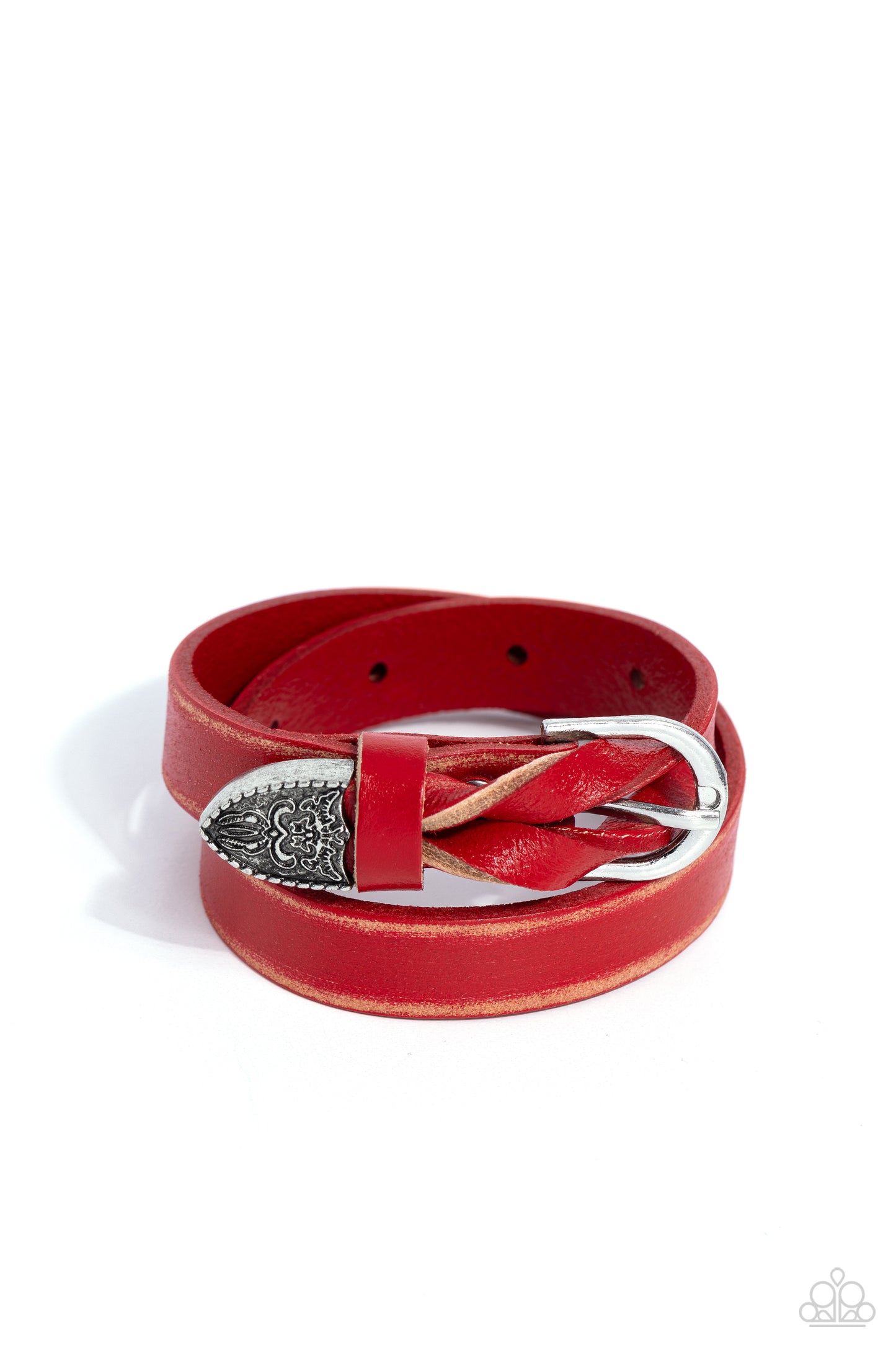 Paparazzi Accessories Coat of Arms Couture - Red Featuring a weathered finish, a red leather band loops around the wrist in a belt loop fashion. Featured at the end of the loop, the leather braids into a silver cap fitting, embossed with a coat of arms st