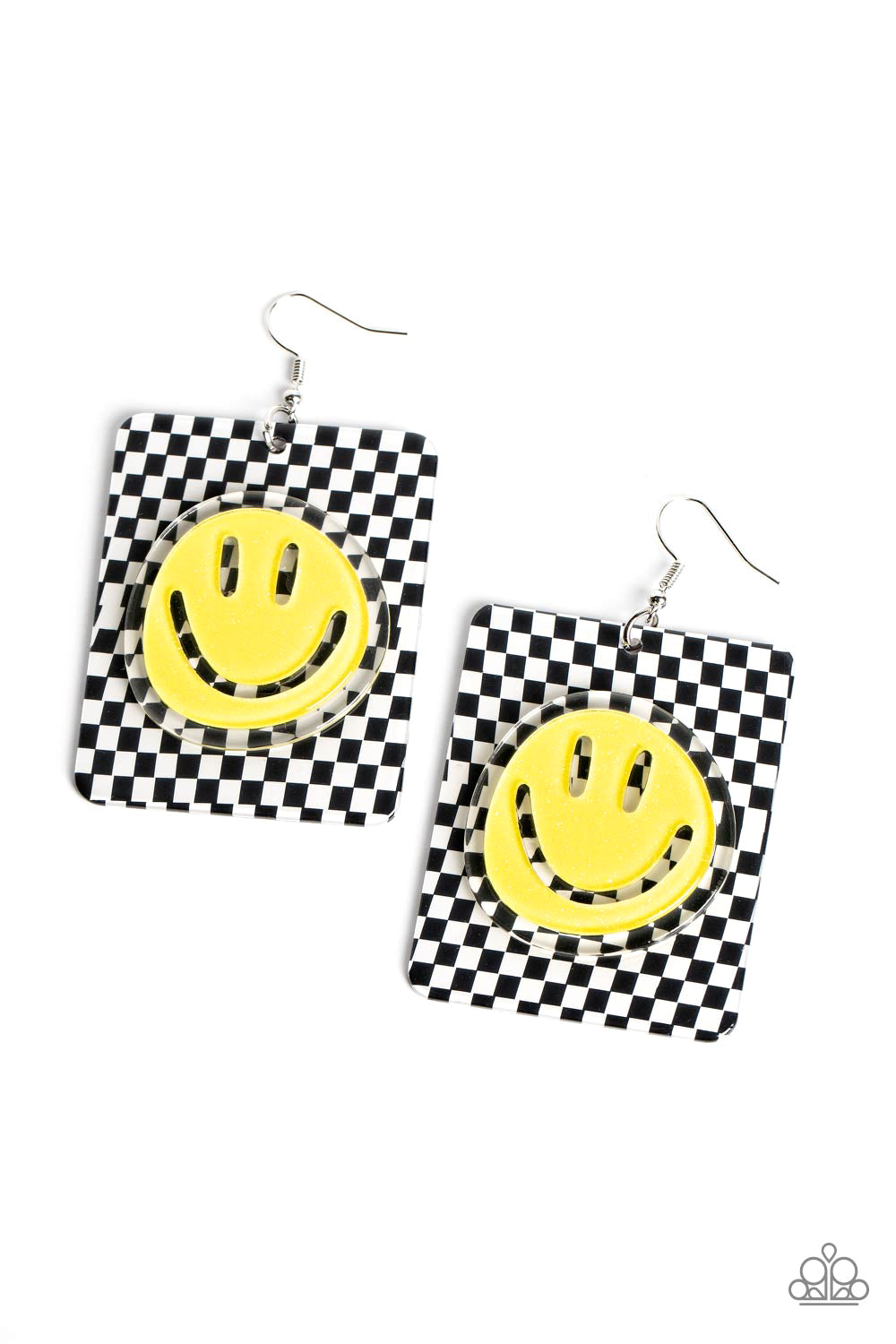 Paparazzi Accessories Cheeky Checkerboard - Yellow Set against a trendy, checkerboard backdrop, an oversized, sparkly, yellow smiley face stands out for a cheerfully captivating statement piece near the ear. Earring attaches to a standard fishhook fitting