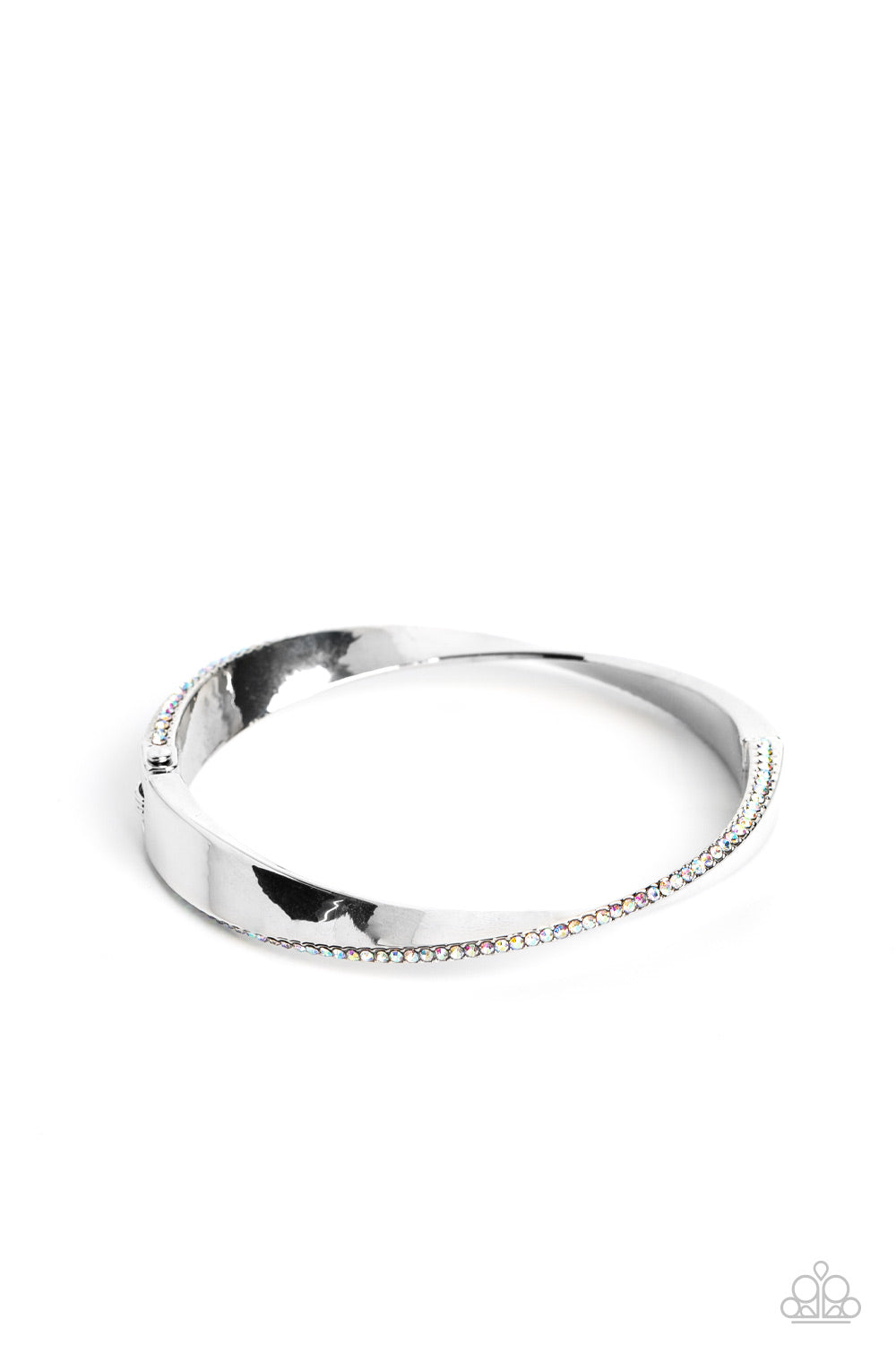 Paparazzi Accessories Artistically Adorned - Multi An oversized, warped, shiny silver bracelet wraps around the wrist in an artistic manner. A dainty row of iridescent rhinestones encrusts along the curves for an understated, elegant dazzle. Features a hi